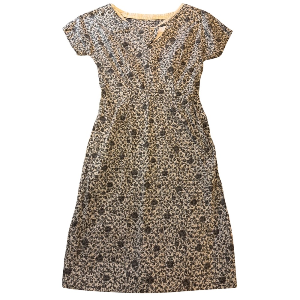 Vintage Floral Toile Midi Dress Black White V-Neck Side Zip Short‎ Sleeve 1950s